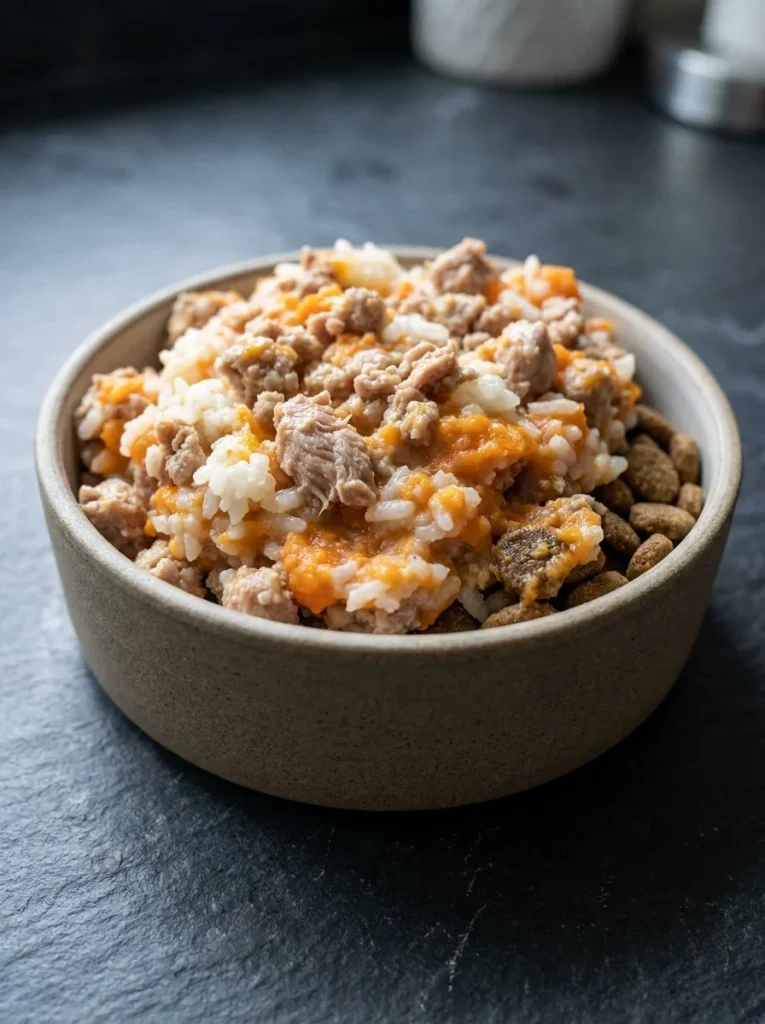Soft turkey rice and carrot topper for senior dogs