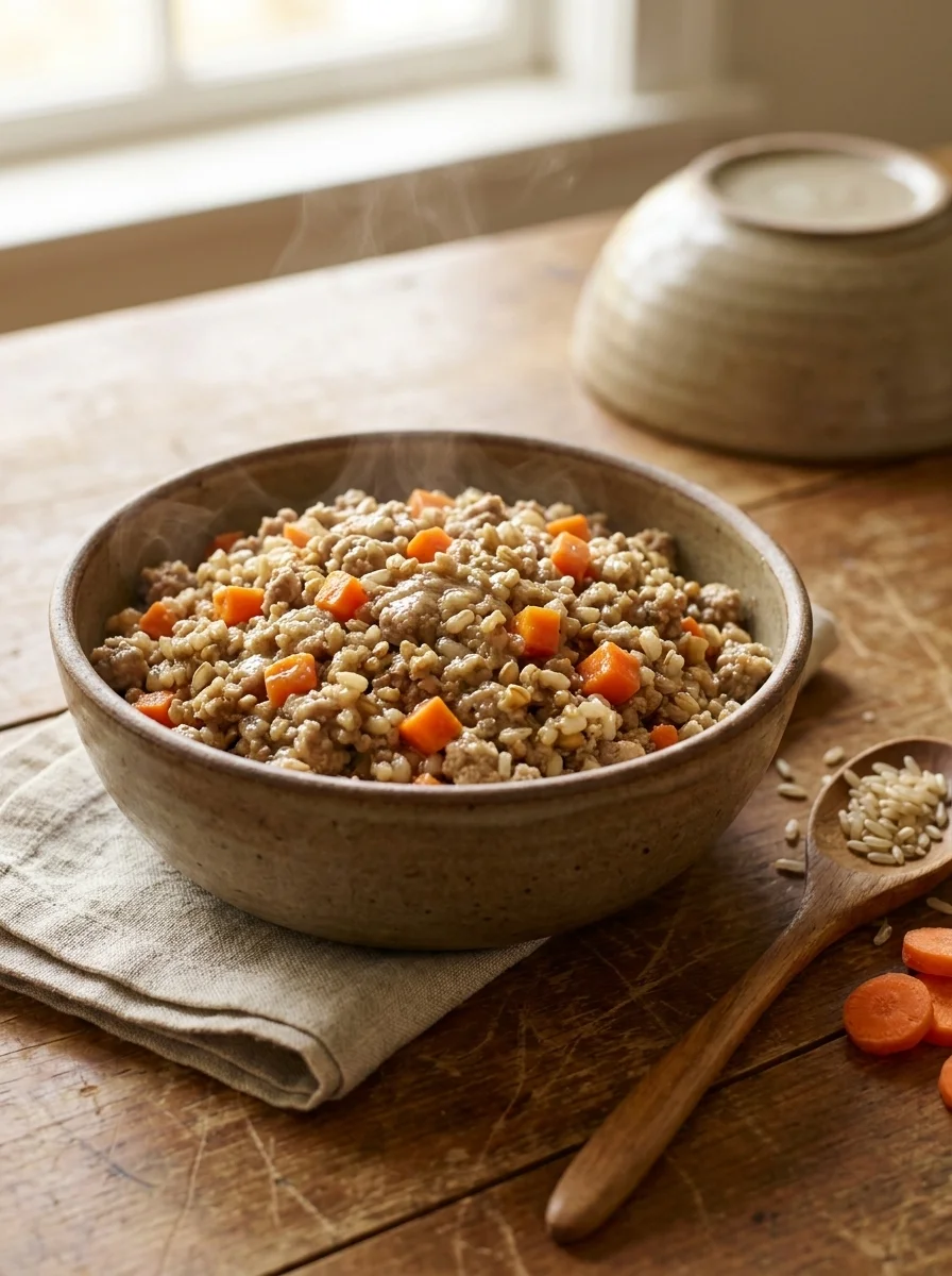 Bowl of ground turkey and brown rice dog food with diced carrots