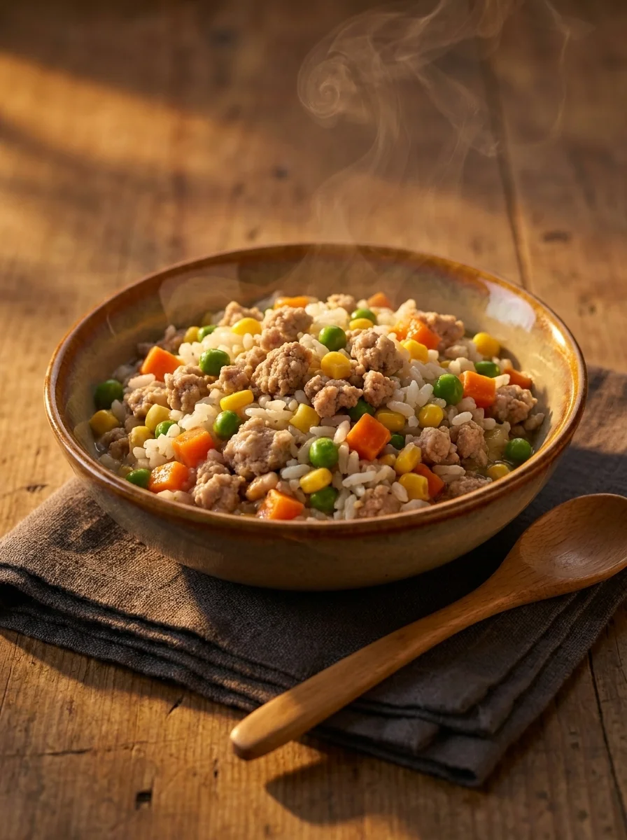 Turkey and rice dog food bowl in warm evening light