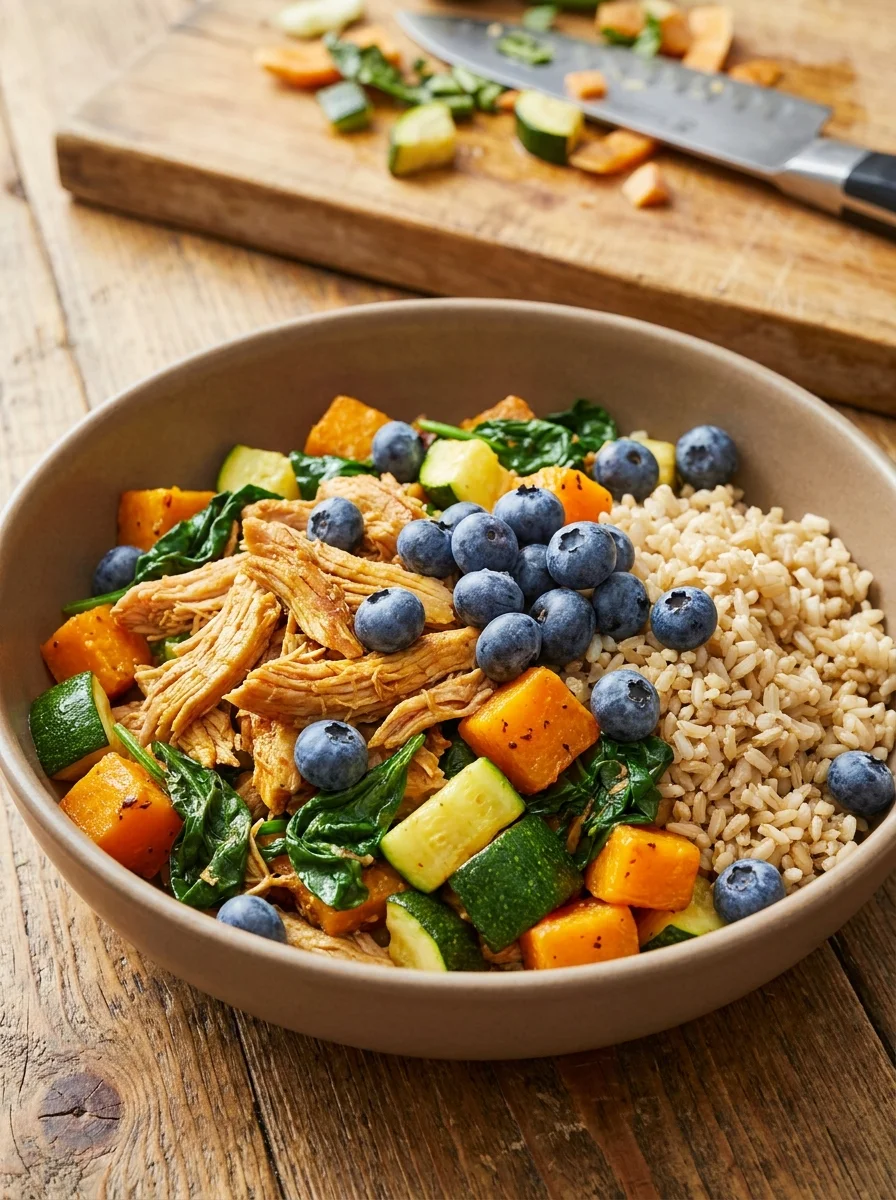 Colorful turkey rice and veggie medley dog food in a ceramic bowl