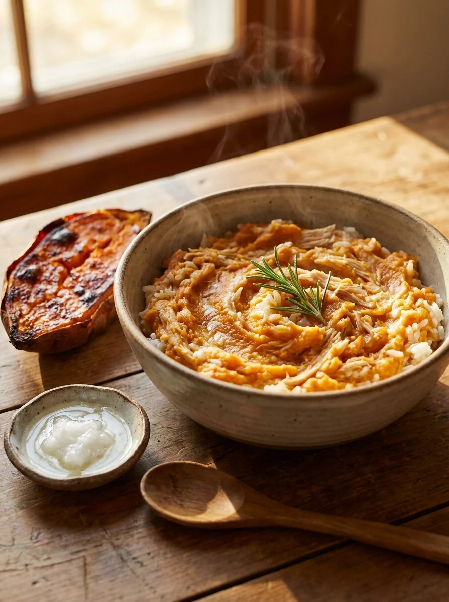 Turkey and sweet potato dog dinner in a rustic bowl