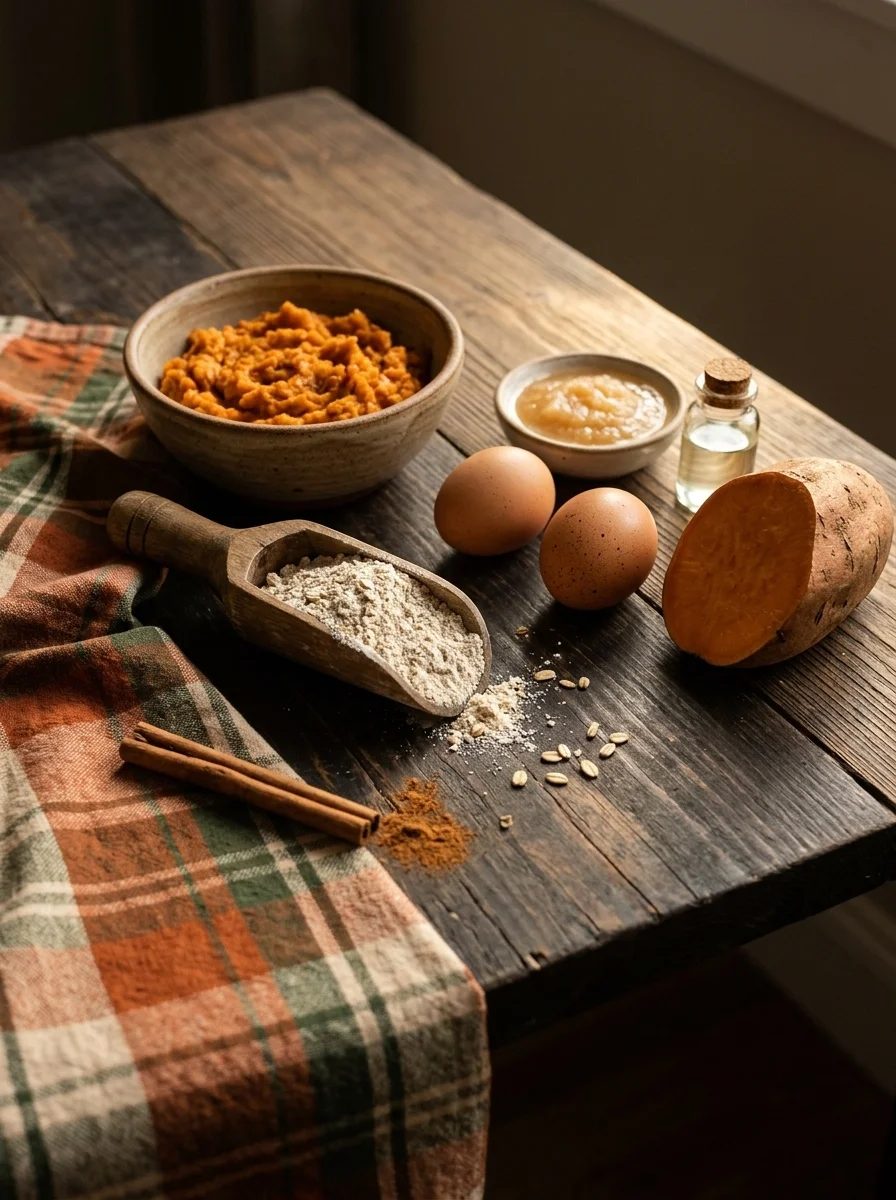 Waffle ingredients on a dark wood autumn table