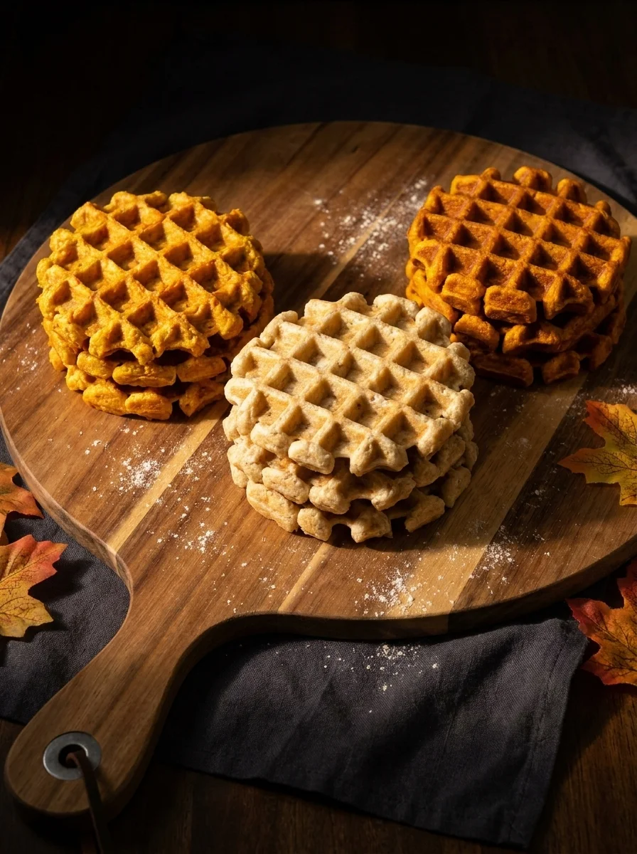 Dog waffles on a wooden board in warm evening light with autumn leaves
