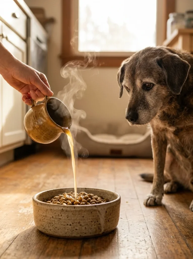 Warm bone broth over kibble, super foods for senior dogs picky eaters