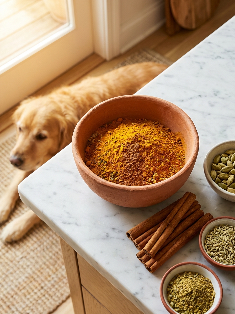 Terracotta bowl of warm earthy turmeric and cinnamon spice blend with cinnamon sticks and cardamom