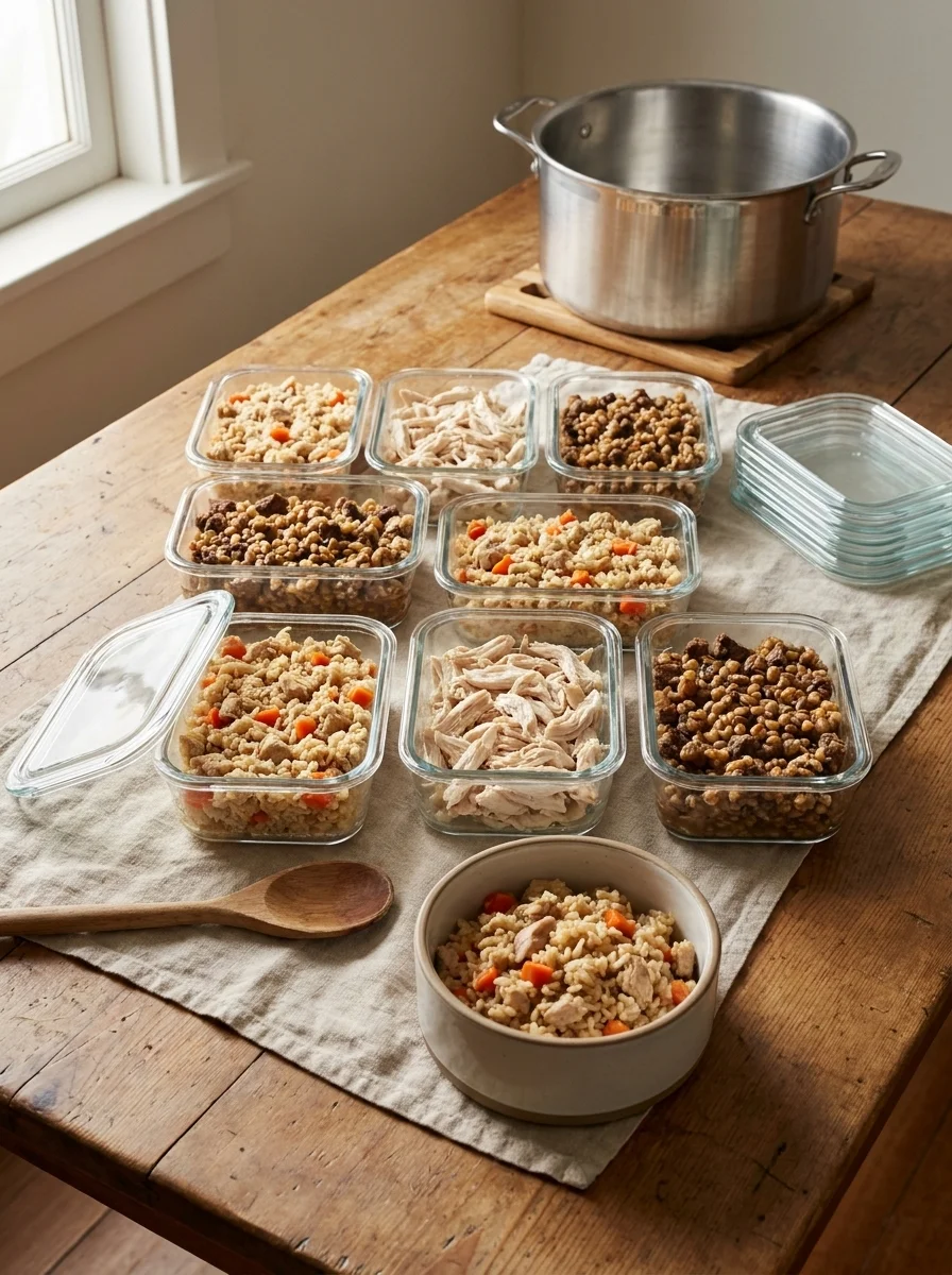 Week of homemade dog food portioned into containers on a farmhouse table