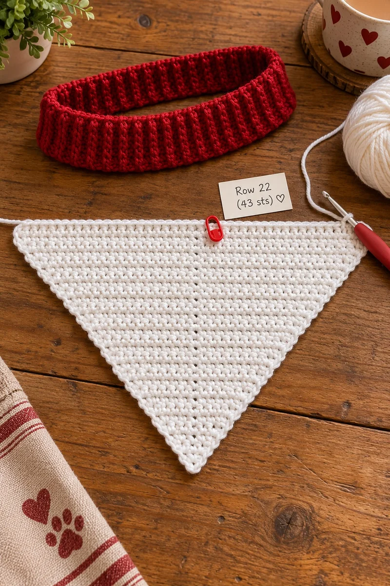 White crochet triangle bandana work in progress showing increases