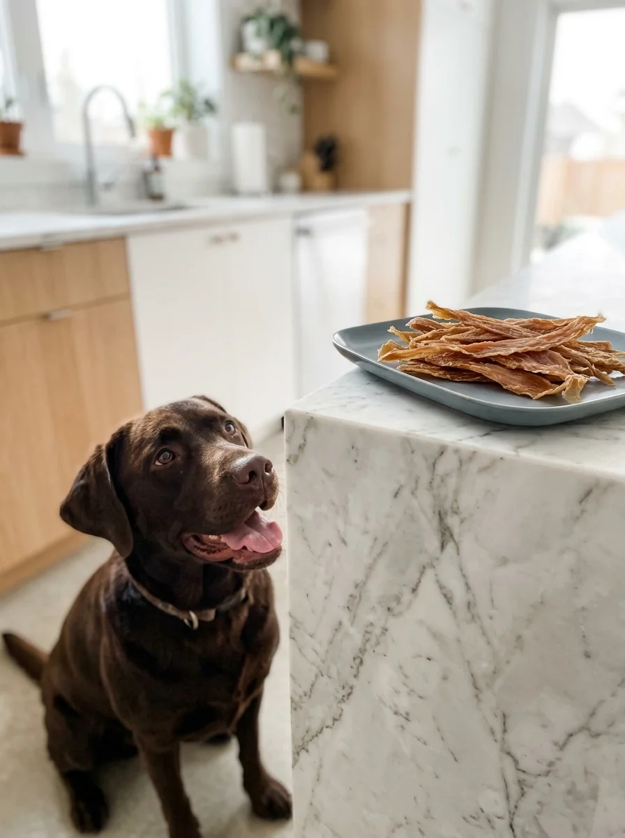 Happy dog enjoying chewy homemade turkey jerky strips