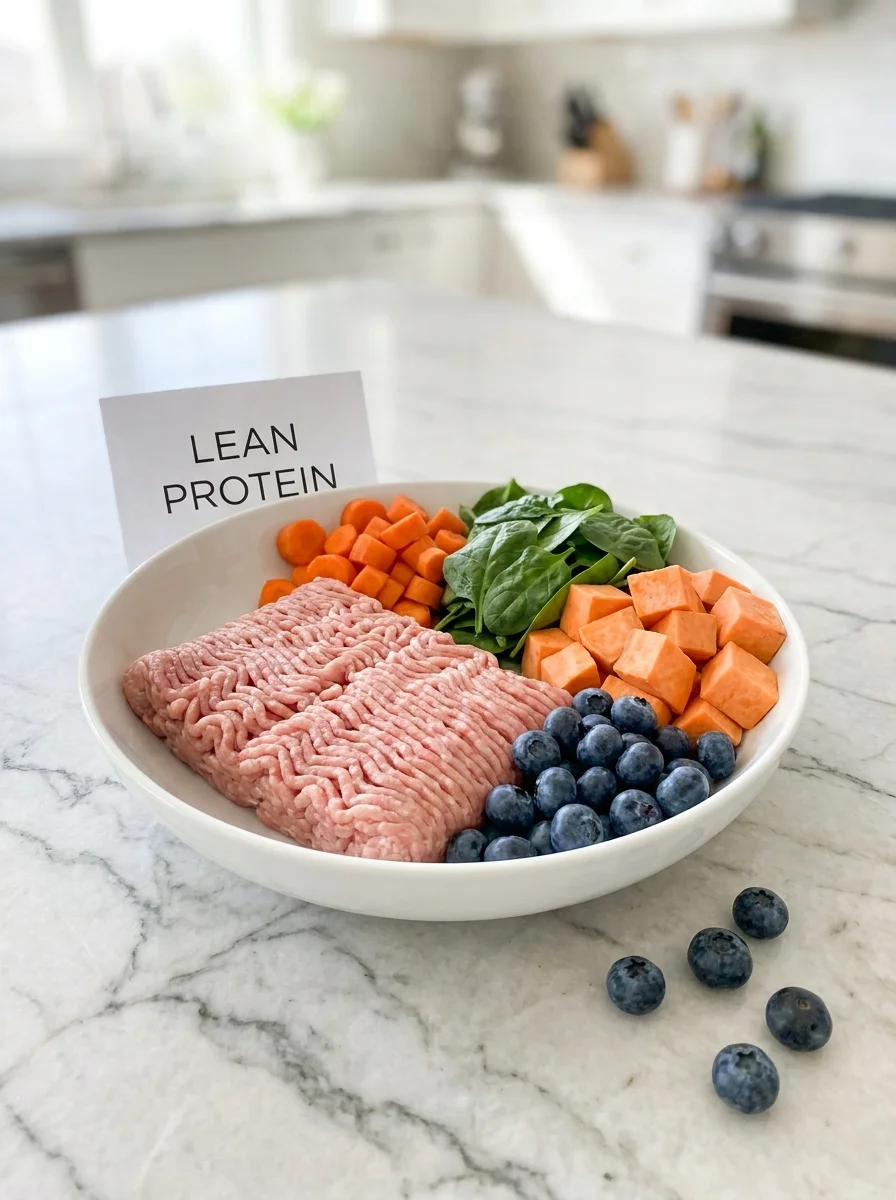 Fresh ingredients arranged on marble showing turkey nutrition