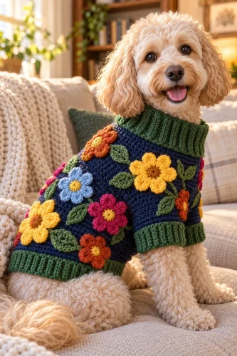 Cream dog wearing a navy wildflower crochet sweater with colorful applique flowers
