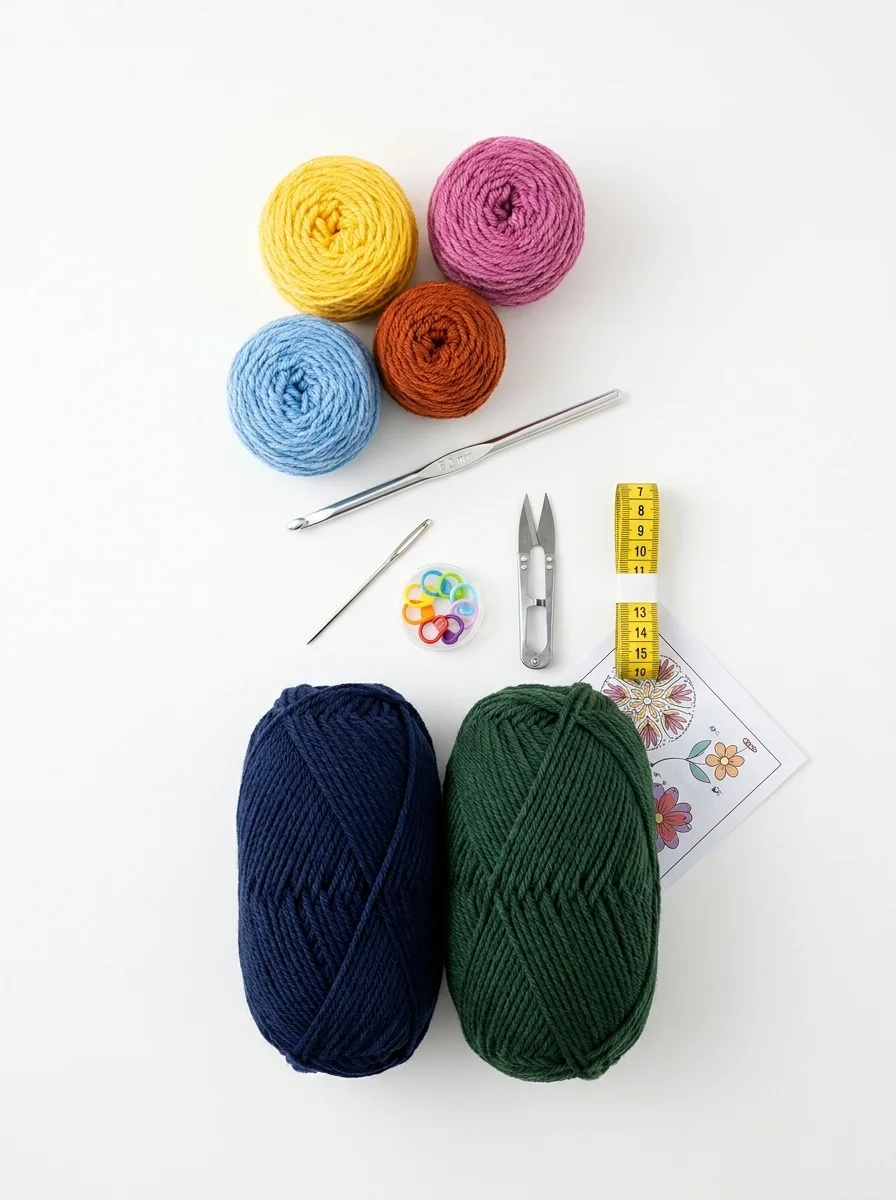 Navy, green and flower-color yarns with crochet tools on white studio surface